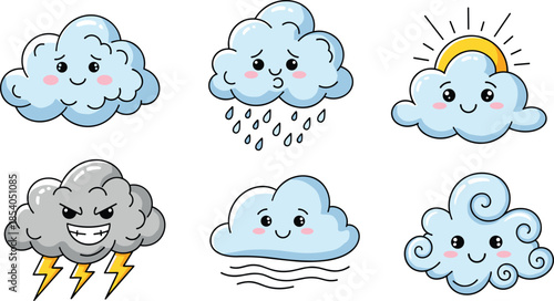 Cartoon cloud characters, vector illustration, weather icons, emotional expressions, lightning and rainbow, cute faces, playful style, kids graphics, stock design