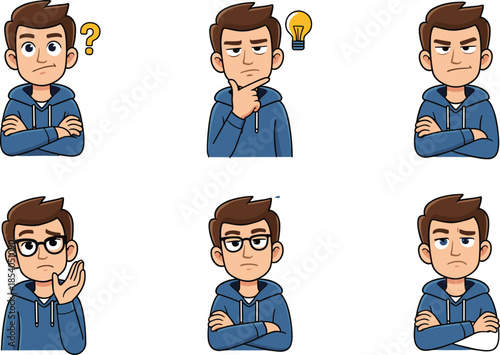 Cartoon male avatar thinking and idea expressions set, confused serious character poses, hoodie boy emotions, modern flat vector illustration isolated