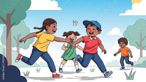 Happy children running together in a park on a sunny day with trees and blue sky