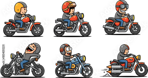 Cartoon motorcycle riders, vector illustration, expressive helmets, playful motion, red and blue bikes, fun transportation, kids graphics, stock icons, cute emoji