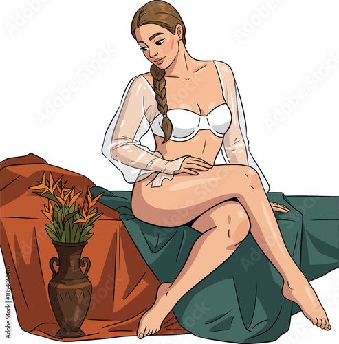 Beautiful woman in white lingerie and a sheer robe sitting next to a vase of tropical flowers