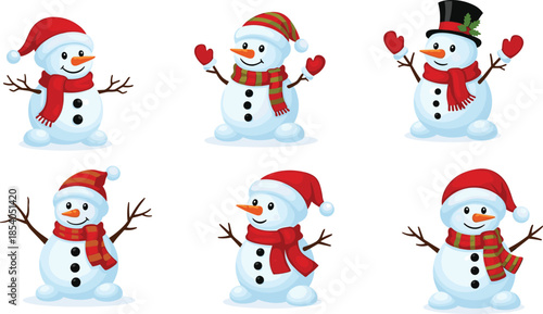 Cartoon snowman characters, vector illustration, festive hats and scarves, cheerful winter theme, Christmas design, kids graphics, stock icons, cute emoji