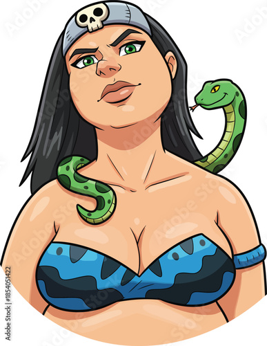 Tough woman with a skull bandana and a green snake around her shoulders