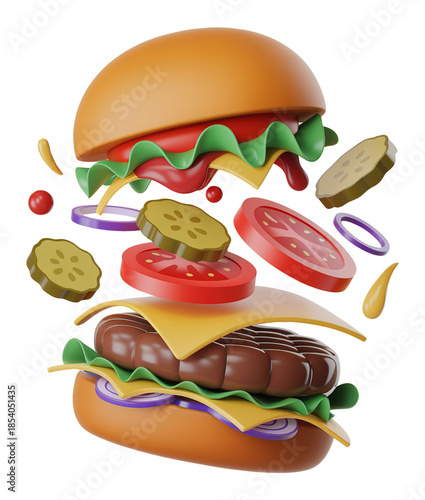 3D Burger with Floating Fresh Ingredients and Delicious Toppings