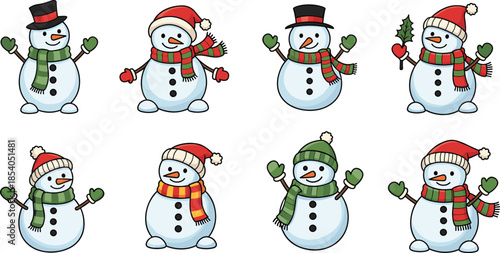 Cartoon snowman characters, vector illustration, winter accessories, festive hats and scarves, Christmas theme, kids graphics, stock icons, cute emoji, holiday design
