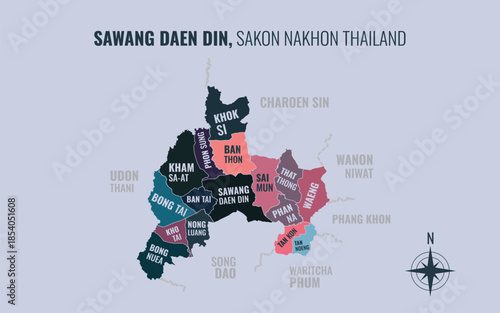 Map showing Sawang Daen Din District Sakon Nakhon Thailand divided into sub-districts with minimalist colorful patterns