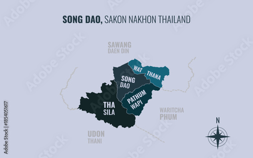 Map showing Song Dao District Sakon Nakhon Thailand divided into sub-districts with minimalist colorful patterns