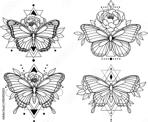 Butterfly floral geometric line art set, symmetrical tattoo style illustration with flowers leaves sacred 