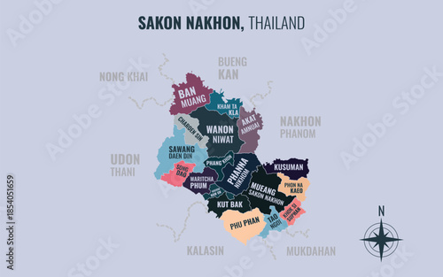 A map showing Sakon Nakhon Thailand divided into districts in a minimalist colorful style