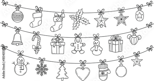 Christmas garland line art set, holiday decorations outline illustration, festive ornaments collection, black and white vector design