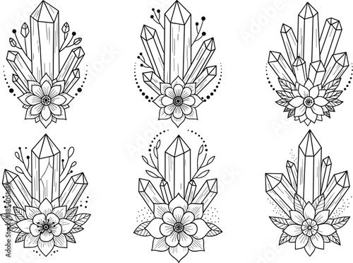 Crystal and flower line art set, botanical gemstone illustrations collection, boho sacred geometry design, elegant black and white vector