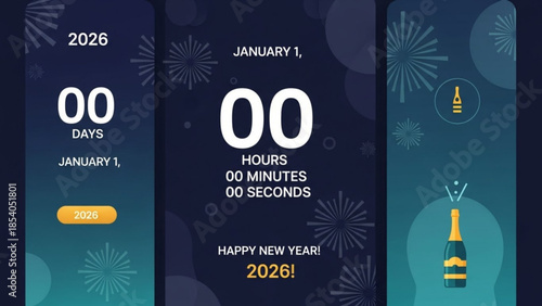 New year's eve 2026 countdown template with champagne bottle and fireworks illustration