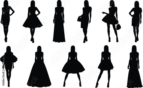 Fashion female silhouettes set, elegant women dress poses collection, stylish models in gowns and outfits, black and white vectorFashion female silhouettes set, 