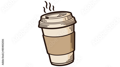 Hand-drawn illustration of a steaming hot coffee to-go cup with a lid and sleeve, sketched in a charming, vintage-inspired style.