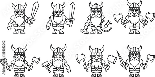 Viking warrior cartoon characters set, nordic fighters with weapons illustration, cute fantasy heroes collection, black and white vector