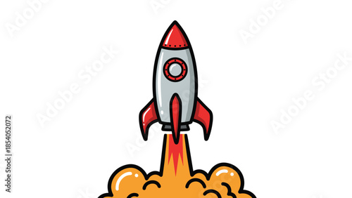 Cartoon rocket ship launching into space with fire and smoke, illustrated in a fun, retro style symbolizing startups and progress.