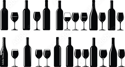 Wine bottle and glass silhouettes set, alcohol drink icons collection, bar and restaurant elements, black and white vector illustration