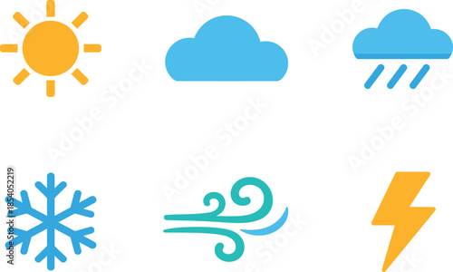 Six abstract weather icons in a grid: sun, cloud, rain, snow, wind, lightning