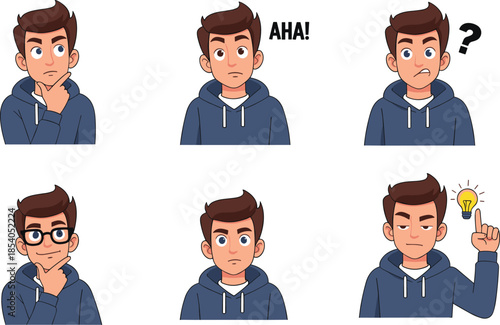 Cartoon male thinking and idea expressions set, confused curious character faces, hoodie boy emotions, modern flat vector illustration isolated