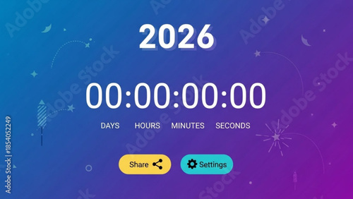 New year 2026 countdown timer with fireworks and stars on blue purple gradient background