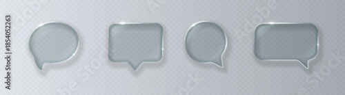 Collection of transparent glass speech bubbles in a liquid glass style with bright highlights isolated on a light background. Vector illustration.