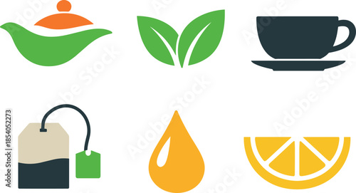 Six abstract icons for tea: teapot, leaves, cup, tea bag, honey, lemon