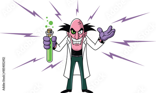 Evil mad scientist cartoon character, crazy genius holding green test tube, lightning energy laboratory experiment, comic flat vector illustration