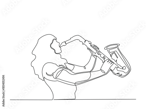 Continuous line art drawing of Saxophonist Perfomance. Woman playing saxophone outline draw illustration.