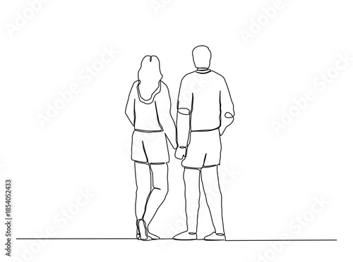 Continuous Line Drawing of Young Couple Walking Away Holding Hands