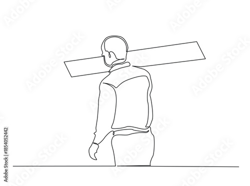 Single Continuous Line Drawing of a Construction Worker or Carpenter Carrying a Wooden Plank