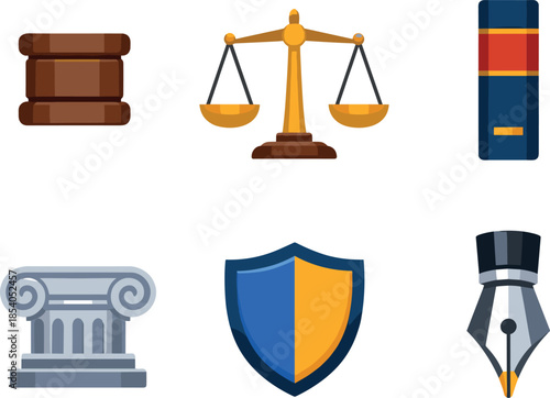 Collection of six flat vector law icons in a grid layout