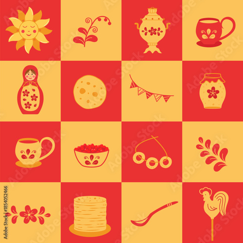 Maslenitsa or Shrovetide traditional holiday marking the end of winter. Vector doodle illustration of pancakes, samovar, matryoshka, sun, cockerel.