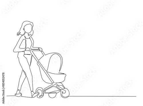 Continuous Line Drawing of Mother Pushing Baby Stroller in Park