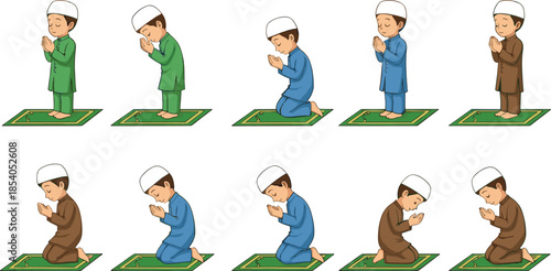 Collection of Muslim boy characters performing Salah prayer positions featuring standing bowing and prostrating on prayer mat for Islamic education and Ramadan