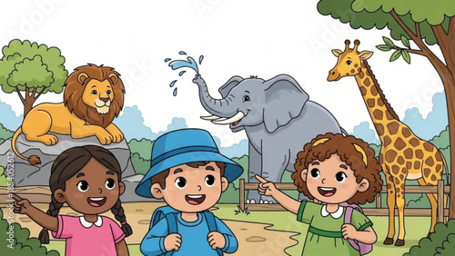 Children visiting zoo with animals including lion, elephant, and giraffe in a fun educational cartoon illustration