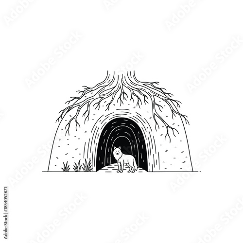 Mysterious Wolf Den Underneath Tangled Roots in a Minimalist Landscape
