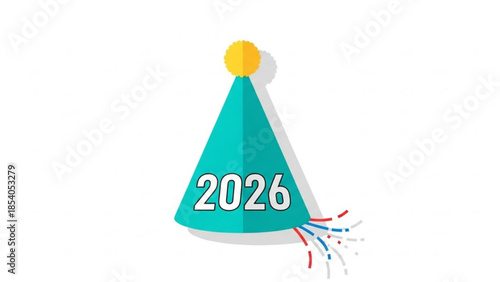 New year's celebration party hat with 2026 and colorful confetti on white background