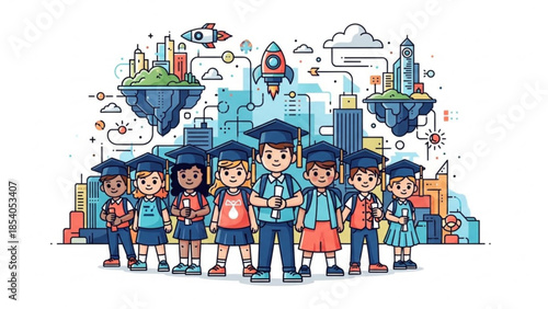 Group of cartoon children in graduation caps and backpacks standing together with cityscape and educational elements in the background
