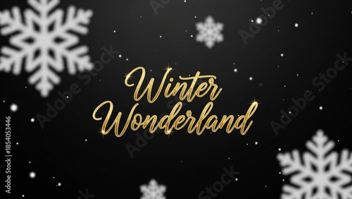 Golden winter wonderland scene with snowflakes on black background