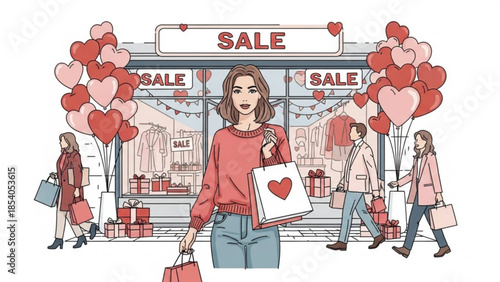 Woman shopping on sale with heart balloons and gift bags in front of store for valentine's day