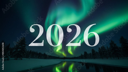 Aurora borealis display in green over snowy landscape with trees and water reflecting northern lights 2026