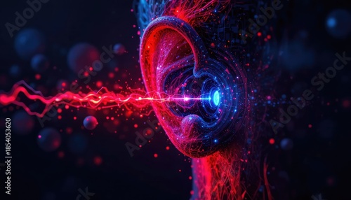 Neon red and blue lights illuminate an abstract human ear. Particles of sound waves enter the auditory canal, signifying the reception of audio data. Innovative technology for sound and hearing