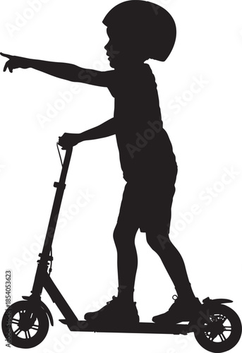 Young boy riding a scooter and pointing