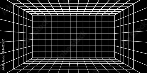 Empty futuristic digital box room grey-black background with white grid space line color surface. Network cyber technology. banner, cover, terrain, sci-fi, wireframe, and related to background.