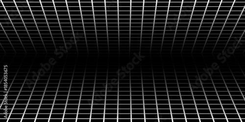 Empty futuristic digital box room grey-black background with white grid space line color surface. Network cyber technology. banner, cover, terrain, sci-fi, wireframe, and related to background.