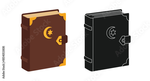 Two antique books with crescent moon and star emblems colored and outline versions