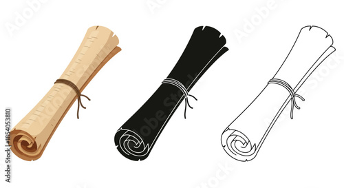 Three rolled parchment scrolls in varying color schemes and styles