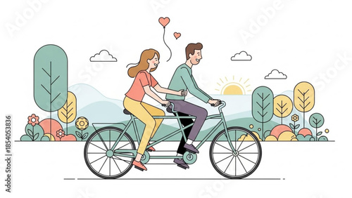 Couple riding tandem bicycle through sunny park with flowers and trees, happy lovers on romantic bike ride