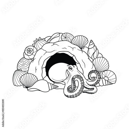 Octopus Sanctuary Sheltered by an Ocean Cave Encrusted with Seashells