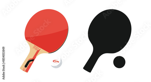 Table tennis paddles a ball and a silhouette on a white background